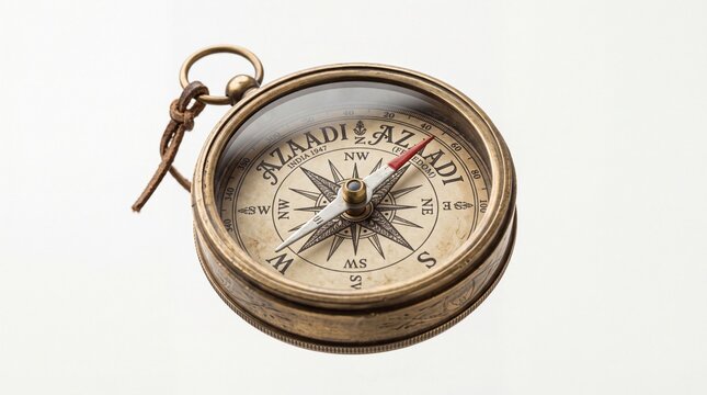 Vintage brass compass with Azadi inscription, antique nautical navigation instrument, rustic golden metal pocket compass on white background