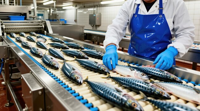 Worker in blue apron and gloves handles fresh fish on conveyor belt in food processing plant. Mackerel moves on automated line for packaging and distribution. Seafood production facility.