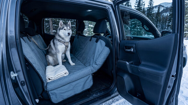 Siberian husky dog sitting on protective hammock seat cover in back of car. Automotive accessory for pet transport. Winter snowy forest background for safe and clean road trip travel.
