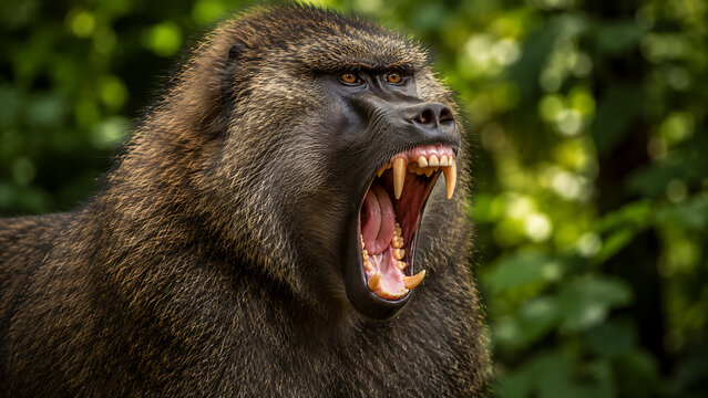 Close up portrait of an aggressive male baboon showing large teeth in the wild forest