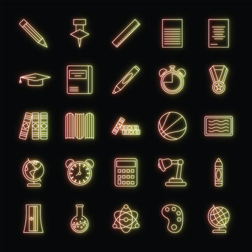 Neon school and education icon set with glowing yellow study symbols on dark background