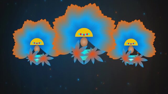 Abstract illustration of three stylized figures wearing vibrant blue and orange feathered headdresses against a dark background