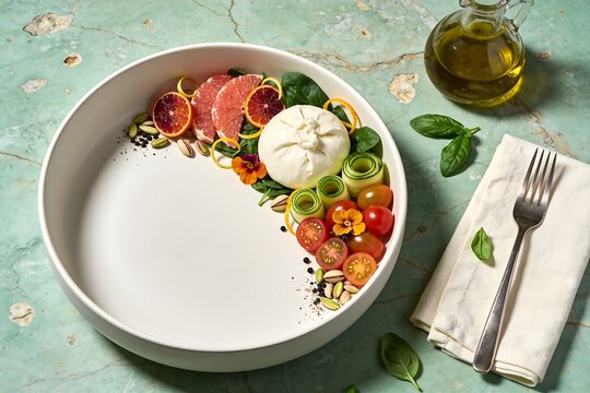 Overhead burrata salad with citrus tomatoes and herbs on mint stone with beautiful surface