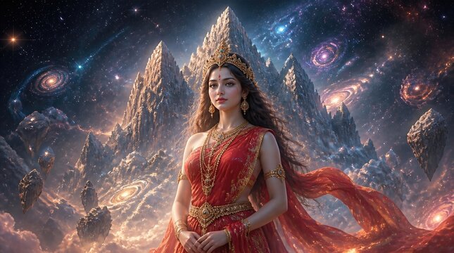 Divine Indian Goddess Parvati Standing Before Celestial Mountains and Galaxies