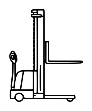 Hand-drawn black and white vector illustration of a stacker crane forklift truck with tall mast, chain mechanism, extended forks, and operator seat for warehouse logistics