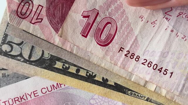 Person counting turkish lira and us dollar banknotes, concept of global finance, international currency exchange, economic relations and business transactions between turkey and usa
