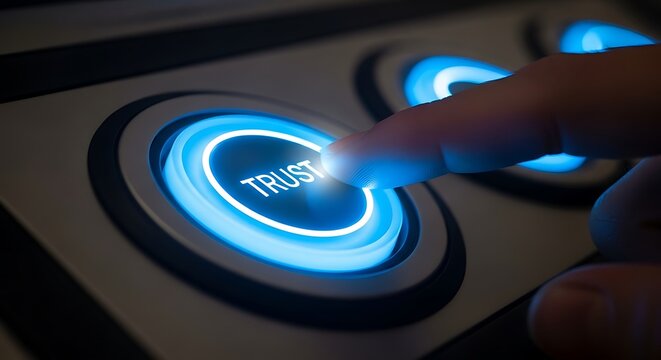A finger presses a glowing "TRUST" button on a control panel with other buttons