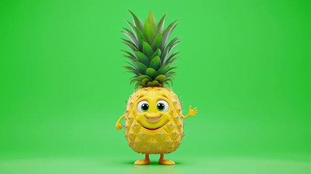 Smiling pineapple character waving in a studio setting with a vibrant green background