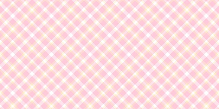 Seamless pink, gold, and white diagonal gingham plaid pattern background. Ideal for textile, wallpaper, scrapbooking, and web design. Geometric and preppy  tile.