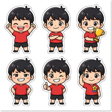 Set of cartoon boy stickers in red shirt showing victory poses and achievement emotions.