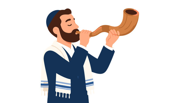 Jewish man blowing shofar in flat vector illustration