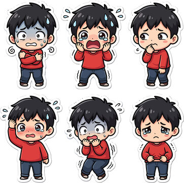 Set of cute cartoon boy stickers expressing negative emotions and stress