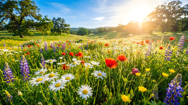 Vibrant meadow filled with colorful wildflowers under a bright sunny sky during a beautiful spring day