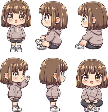 Set of cute chibi anime girl character poses with brown bob hair