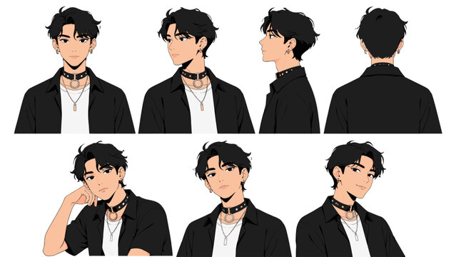 Stylish male character turnaround with black outfit and choker