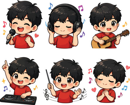 Set of cute chibi boy characters performing music and singing activities