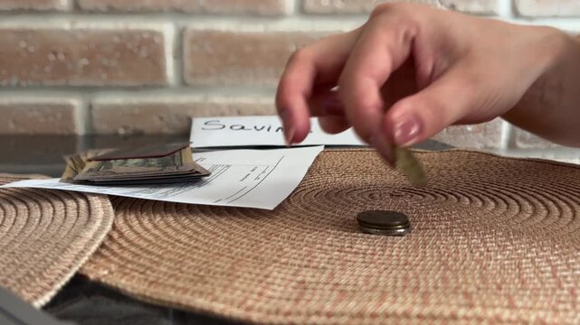 Person saving money by stacking coins on a table, illustrating financial planning, budgeting, and building wealth for the future, representing investment and economic stability