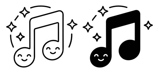 cute happy musical notes icons with sparkling stars outline and filled styles on transparent background