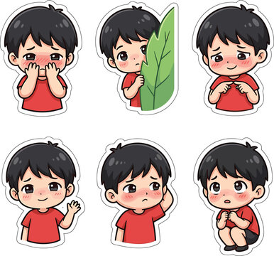 Set of cute shy boy stickers with various expressions in anime style