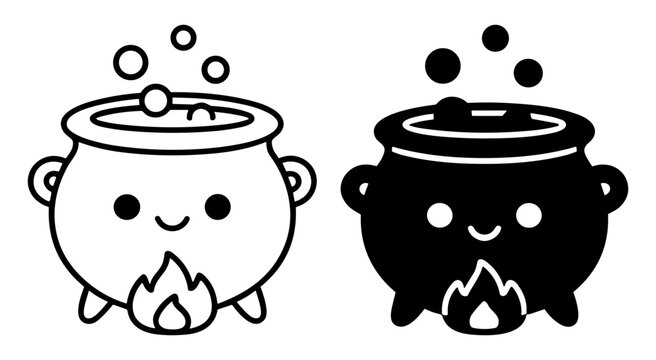 Cute cartoon cauldron with fire and bubbles black and white vector illustration set on transparent background