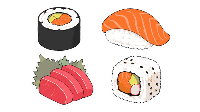 Hand drawn sushi set with maki nigiri sashimi and roll
