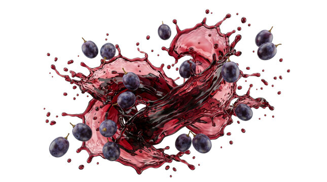 Fresh black grapes with dynamic splashes of juice isolated transparent background