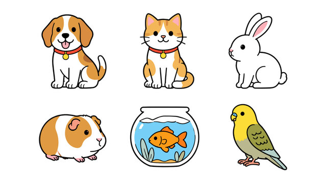 Cute domestic pet collection with dog cat rabbit fish and bird