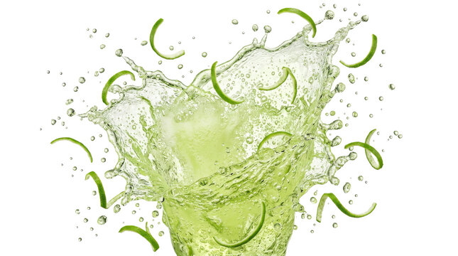 Fresh lime juice splashing with lime zest peels isolated transparent background