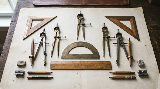 Vintage drafting and architectural drawing tools on paper