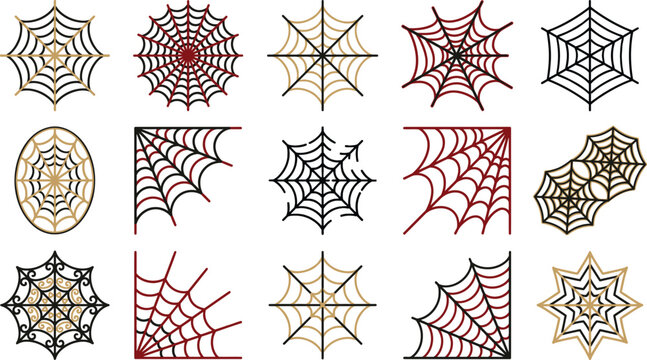 Halloween spider web vector set, 15 black and red cobweb icons, spooky decorative spiderweb corners and circular patterns for gothic design
