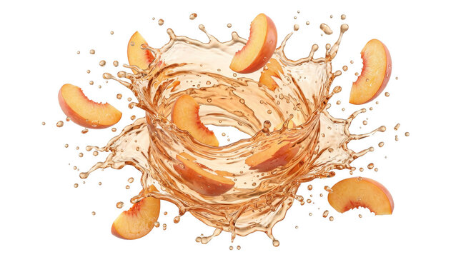 Fresh peach slices splashing in a dynamic vortex of fruit juice isolated transparent background