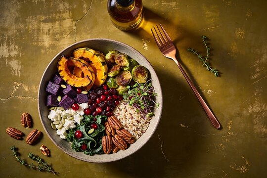 Autumn harvest grain bowl with squash sweet potato pecans and cranberries on mustard backdrop