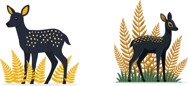 A playful deer fawn stands gracefully amidst golden ferns in this bold, flat vector illustration with high contrast and clean lines