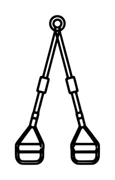 Hand traced black line vector illustration of suspension trainer TRX style exercise straps with handles and anchor loop, minimalist fitness equipment icon on white background