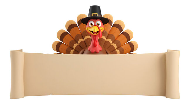 Cute cartoon turkey with blank scroll for thanksgiving day isolated on transparent background