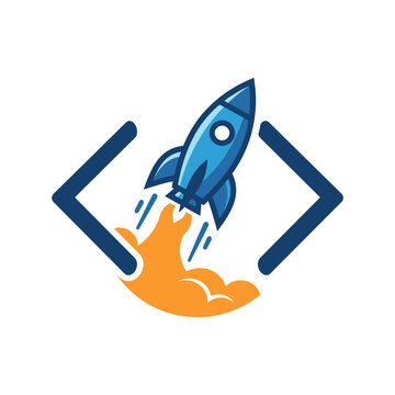 Blue rocket launching between angular code brackets.