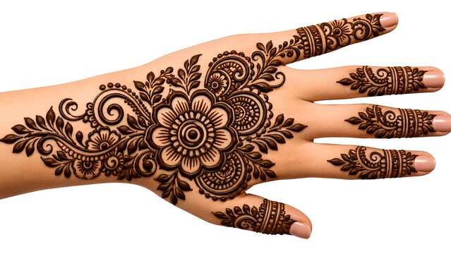 Elegant Floral Arabic Mehndi Design on Back Hand with Paisley Pattern, Traditional Bridal Henna Art Isolated on White