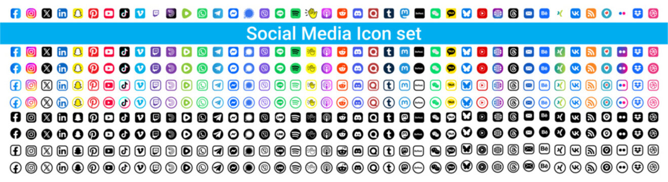 30 July 2026, Dhaka. Modern social media icon set. Social media network logo collection. Containing Facebook, Instagram, Twitter, X, LinkedIn, Snapchat, Pinterest, YouTube, TikTok, Vimeo and others.