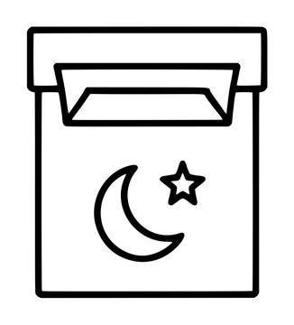 Hand-traced vector icon illustration of a square storage box with a drop-down front opening, decorated with a crescent moon and star motif, depicting night-time savings, dream storage, or overnight