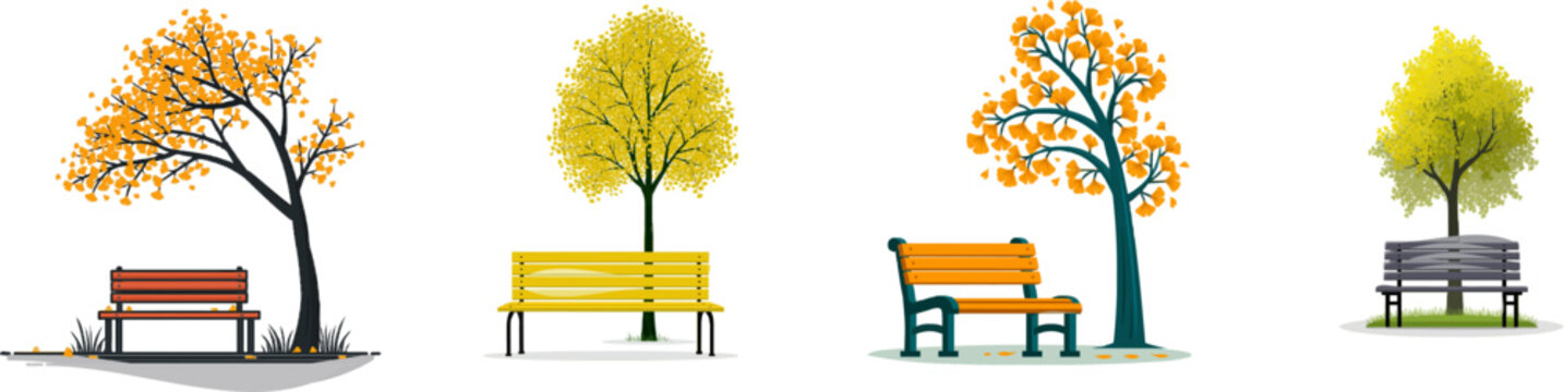 A serene autumn park scene features a wooden bench under a vibrant yellow ginkgo tree with falling leaves, set against a clean white background