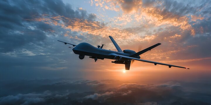 A tactical military surveillance drone flying high above the clouds at sunset in cinematic lighting.