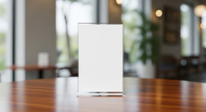 Blank Acrylic Table Tent Menu Holder Mockup on a Wooden Table in a Modern Blurred Cafe Interior