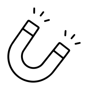 Hand-drawn black outline horseshoe magnet vector icon with motion lines indicating magnetic field attraction, handtraced illustration on white background for educational and science themes