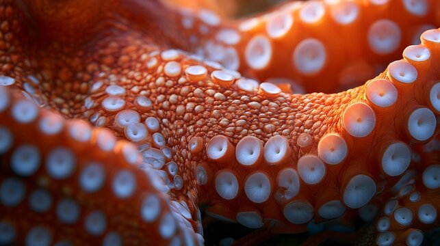 Macro detail of vibrant orange octopus tentacles with suction cups.