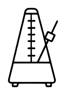 Hand-traced black vector icon illustration of a classic musical metronome with a swinging pendulum, detail markings, and rectangular base, minimalist line art style for design resources