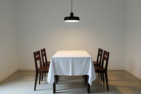 Minimal dining area with rectangular table, four wooden chairs inside simple bright room. White tablecloth covers furniture under single black pendant light hanging above. Modern interior space