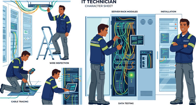 IT Technician Character Sheet with Various Maintenance Tasks in a Server Room.