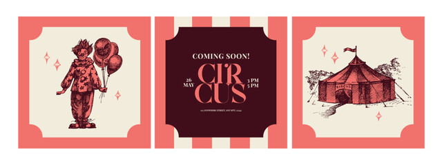 Hand drawn retro circus show banner set. Vintage sketch vector illustration. Carnival and amusement posters © pim