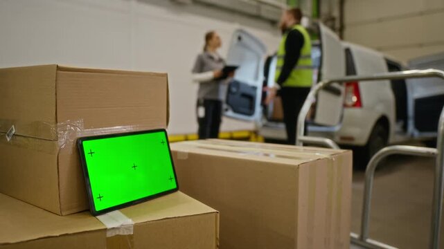 Tablet with green screen resting on cardboard boxes in warehouse while blurred Caucasian male and female workers loading delivery van. Ideal for logistics software or supply chain app demonstration