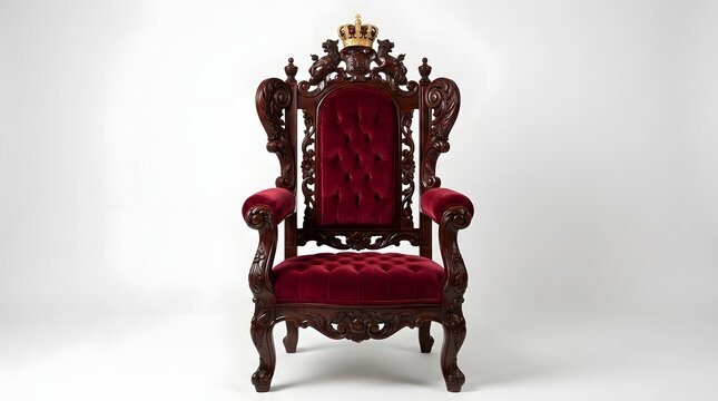 An ornate antique wooden throne chair with deep red velvet upholstery isolated on a white background